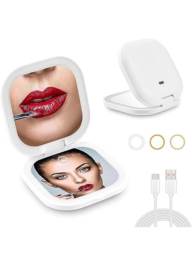 Led Compact Mirror 1x/10x Magnification Mini Mirror Rechargeable Makeup Mirror with Lights Portable Travel Mirror with 3 Light Colors and Dimmable White