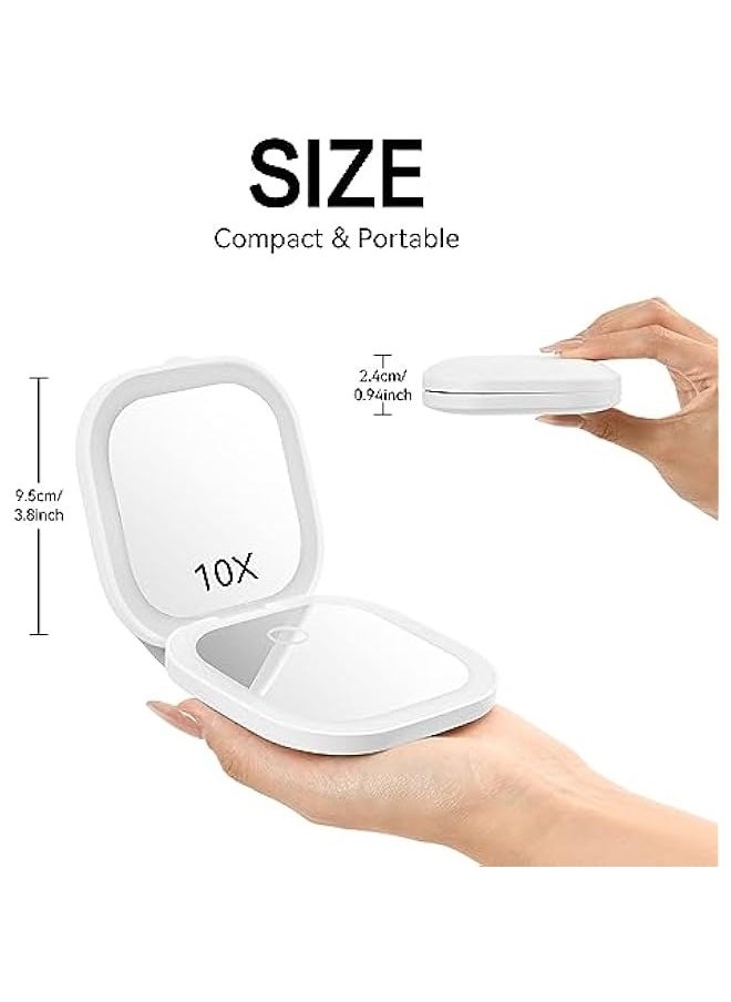 Led Compact Mirror 1x/10x Magnification Mini Mirror Rechargeable Makeup Mirror with Lights Portable Travel Mirror with 3 Light Colors and Dimmable White