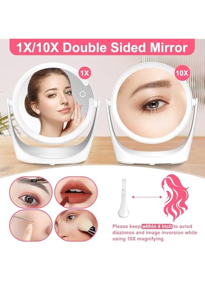 Makeup Mirror with Lights, 10X Magnifying Mirror with Light, Rechargeable Double Sided Vanity Mirror with Lights, 3 Color Adjustable Brightness 360° Rotation LED Tabletop Travel Makeup Mirror