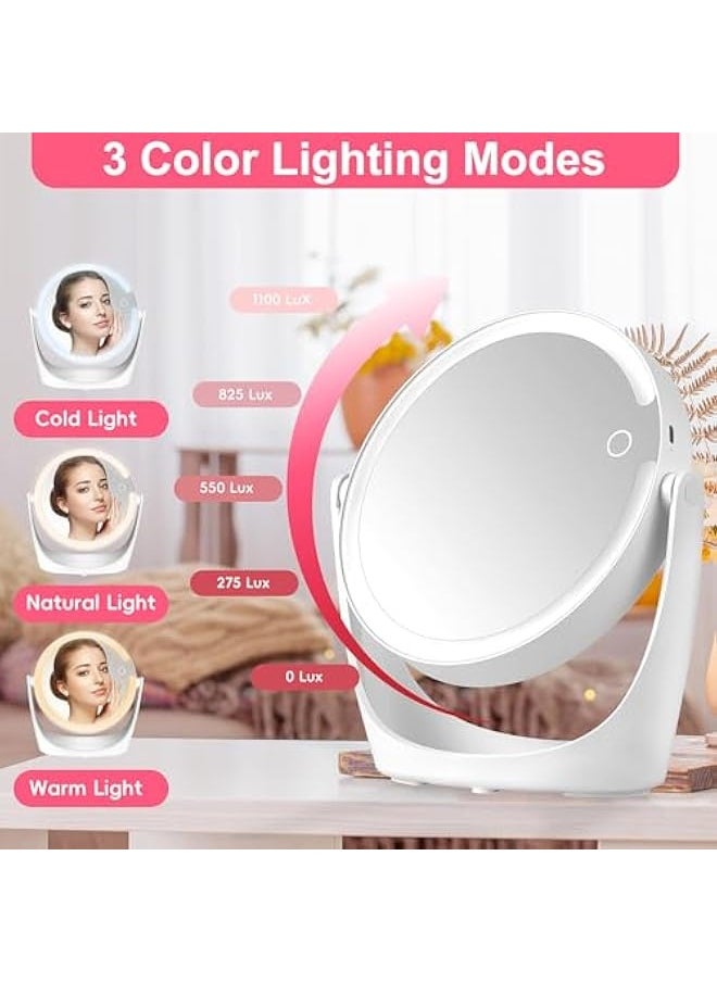 Makeup Mirror with Lights, 10X Magnifying Mirror with Light, Rechargeable Double Sided Vanity Mirror with Lights, 3 Color Adjustable Brightness 360° Rotation LED Tabletop Travel Makeup Mirror