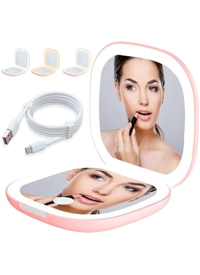 LED Compact Mirror with 1X/10X Magnification, Cosmetic Mirror, Magnifying Mirror with Light, Travel Mirror with Dimmable and 2-Sided LED Light, Hand Mirror, Foldable, Gifts for Girls, Pink