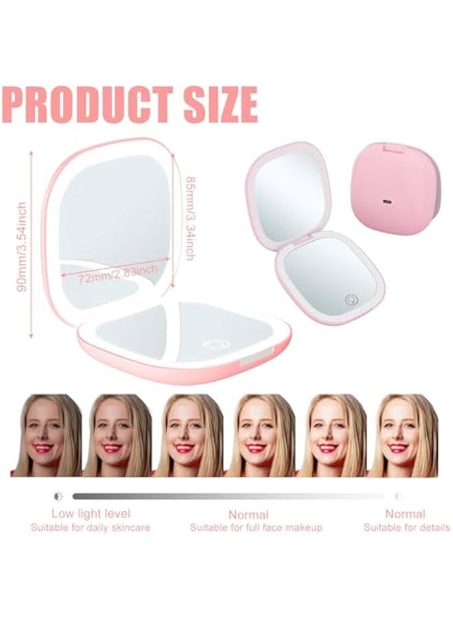 LED Compact Mirror with 1X/10X Magnification, Cosmetic Mirror, Magnifying Mirror with Light, Travel Mirror with Dimmable and 2-Sided LED Light, Hand Mirror, Foldable, Gifts for Girls, Pink