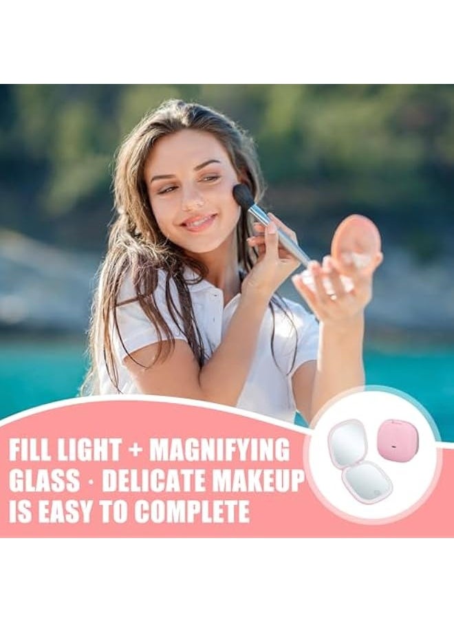 LED Compact Mirror with 1X/10X Magnification, Cosmetic Mirror, Magnifying Mirror with Light, Travel Mirror with Dimmable and 2-Sided LED Light, Hand Mirror, Foldable, Gifts for Girls, Pink