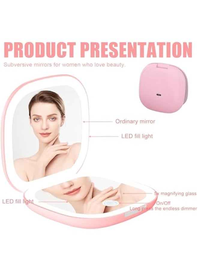 LED Compact Mirror with 1X/10X Magnification, Cosmetic Mirror, Magnifying Mirror with Light, Travel Mirror with Dimmable and 2-Sided LED Light, Hand Mirror, Foldable, Gifts for Girls, Pink