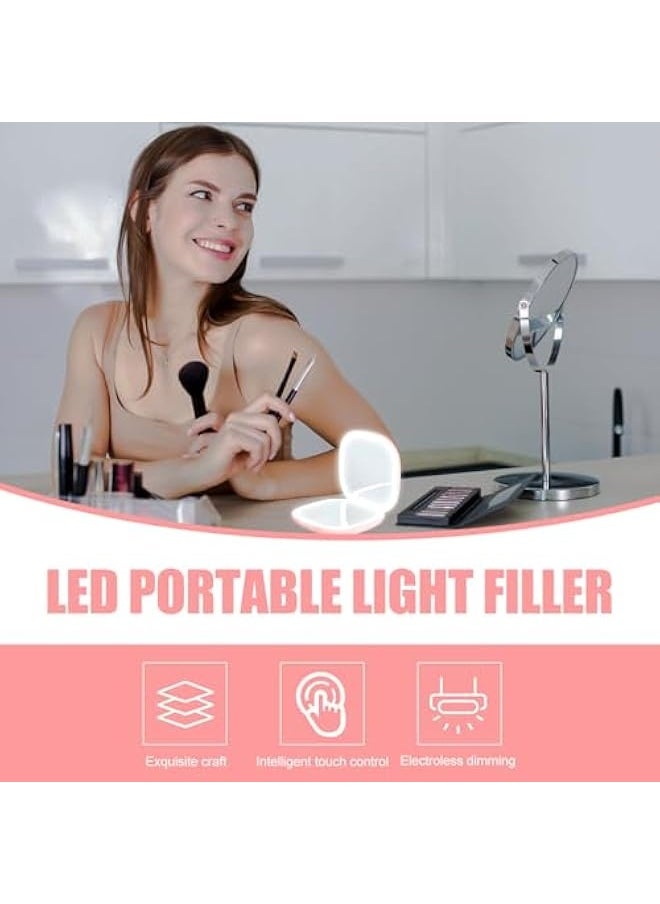 LED Compact Mirror with 1X/10X Magnification, Cosmetic Mirror, Magnifying Mirror with Light, Travel Mirror with Dimmable and 2-Sided LED Light, Hand Mirror, Foldable, Gifts for Girls, Pink