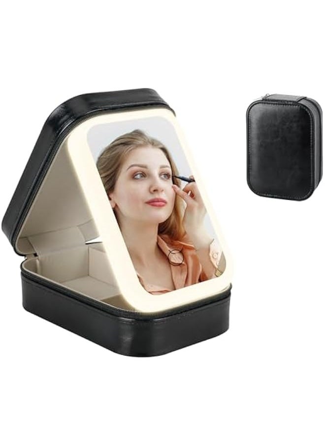 Travel Makeup Jewelry Case with LED Mirror, Small Makeup Bag with Lighted Mirror, Three-Color Adjustable Makeup Mirror Storage Box, Portable Organizer Vanity Case for Women Beauty Tools (Black)