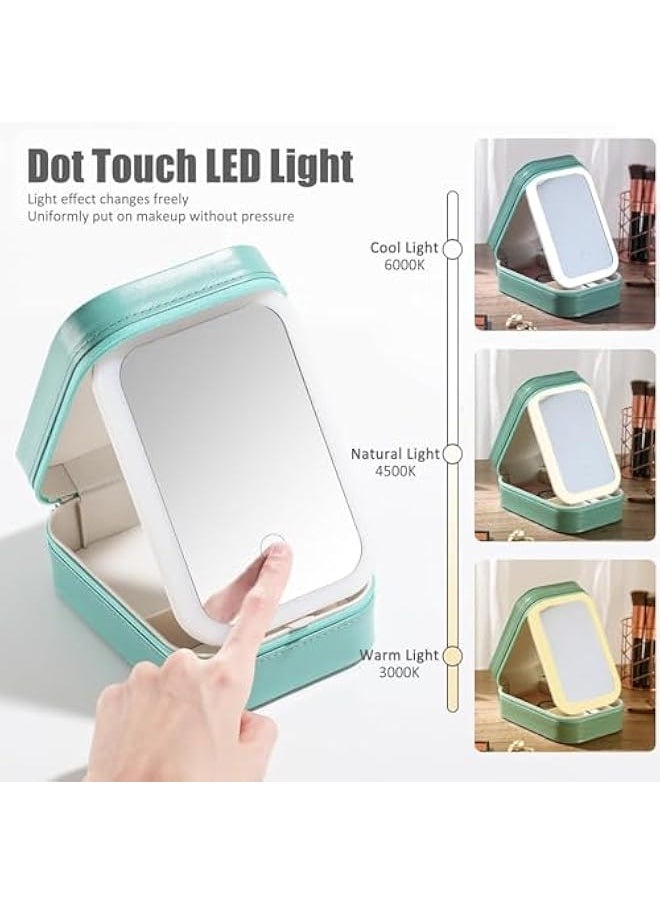 Travel Makeup Jewelry Case with LED Mirror, Small Makeup Bag with Lighted Mirror, Three-Color Adjustable Makeup Mirror Storage Box, Portable Organizer Vanity Case for Women Beauty Tools, Green,