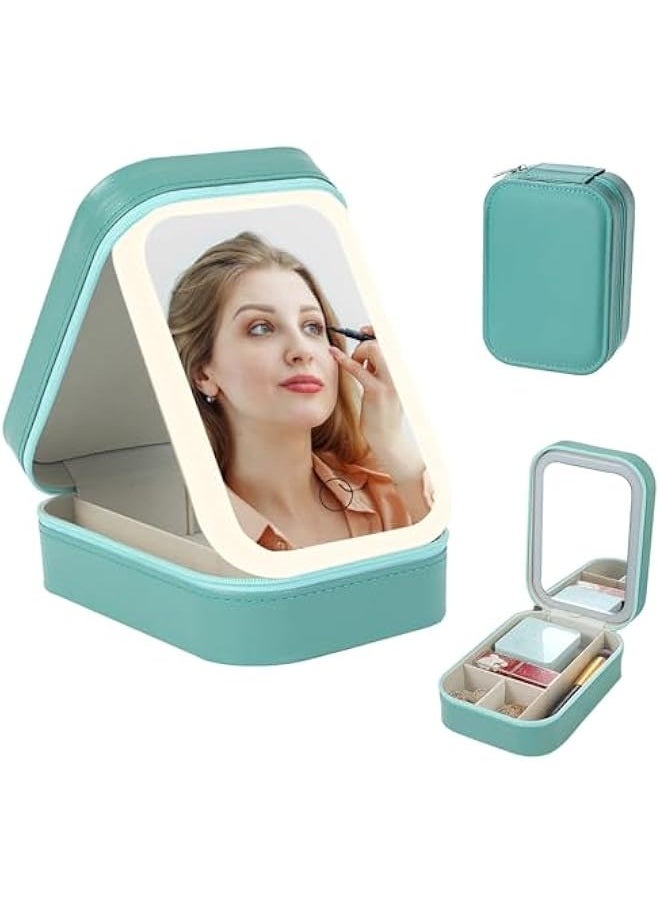 Travel Makeup Jewelry Case with LED Mirror, Small Makeup Bag with Lighted Mirror, Three-Color Adjustable Makeup Mirror Storage Box, Portable Organizer Vanity Case for Women Beauty Tools, Green,