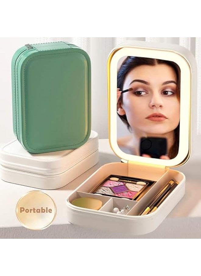 Travel Makeup Jewelry Case with LED Mirror, Small Makeup Bag with Lighted Mirror, Three-Color Adjustable Makeup Mirror Storage Box, Portable Organizer Vanity Case for Women Beauty Tools, Green,