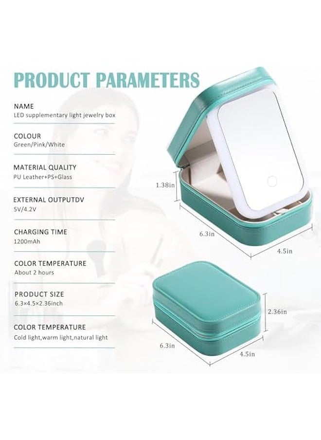 Travel Makeup Jewelry Case with LED Mirror, Small Makeup Bag with Lighted Mirror, Three-Color Adjustable Makeup Mirror Storage Box, Portable Organizer Vanity Case for Women Beauty Tools, Green,