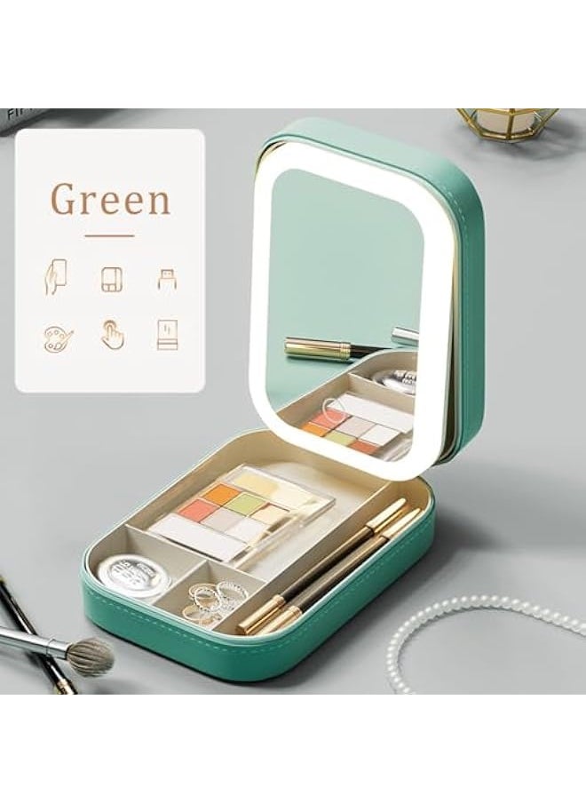 Travel Makeup Jewelry Case with LED Mirror, Small Makeup Bag with Lighted Mirror, Three-Color Adjustable Makeup Mirror Storage Box, Portable Organizer Vanity Case for Women Beauty Tools, Green,