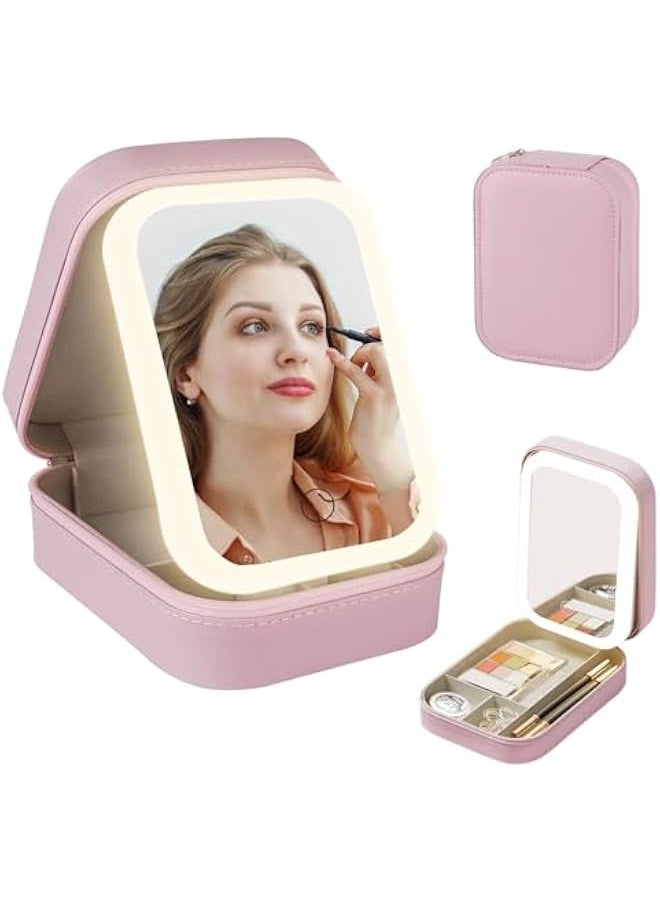 Travel Makeup Jewelry Case with LED Mirror, Small Makeup Bag with Lighted Mirror, Three-Color Adjustable Makeup Mirror Storage Box, Portable Organizer Vanity Case for Women Beauty Tools, Pink,