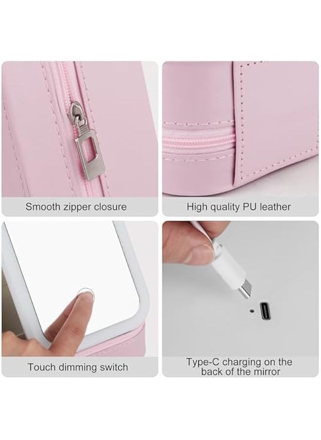 Travel Makeup Jewelry Case with LED Mirror, Small Makeup Bag with Lighted Mirror, Three-Color Adjustable Makeup Mirror Storage Box, Portable Organizer Vanity Case for Women Beauty Tools, Pink,