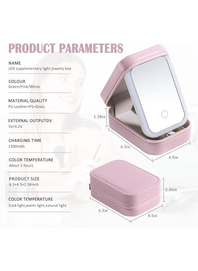 Travel Makeup Jewelry Case with LED Mirror, Small Makeup Bag with Lighted Mirror, Three-Color Adjustable Makeup Mirror Storage Box, Portable Organizer Vanity Case for Women Beauty Tools, Pink,