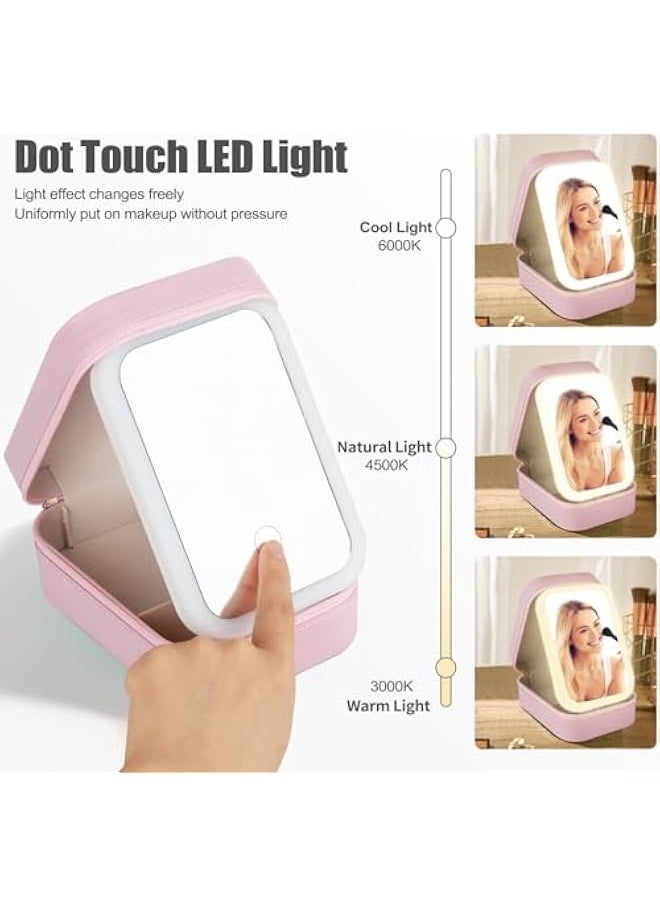 Travel Makeup Jewelry Case with LED Mirror, Small Makeup Bag with Lighted Mirror, Three-Color Adjustable Makeup Mirror Storage Box, Portable Organizer Vanity Case for Women Beauty Tools, Pink,