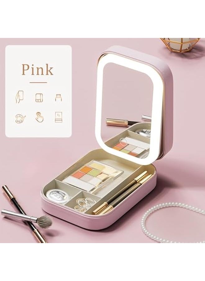 Travel Makeup Jewelry Case with LED Mirror, Small Makeup Bag with Lighted Mirror, Three-Color Adjustable Makeup Mirror Storage Box, Portable Organizer Vanity Case for Women Beauty Tools, Pink,