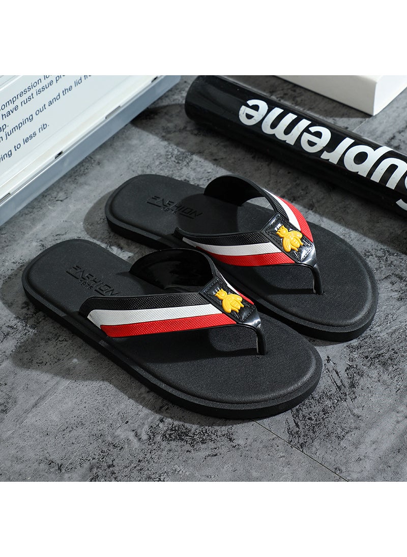 Flip-flops Mens Fashionable Summer Non-slip Mens Sandals and Slippers Korean Style Fashionable Distinctive Fashionable Slippers Outer Wear Flip-flops SandalsLittle Bee [Black Red White]] Little Bee [Black Red White]]