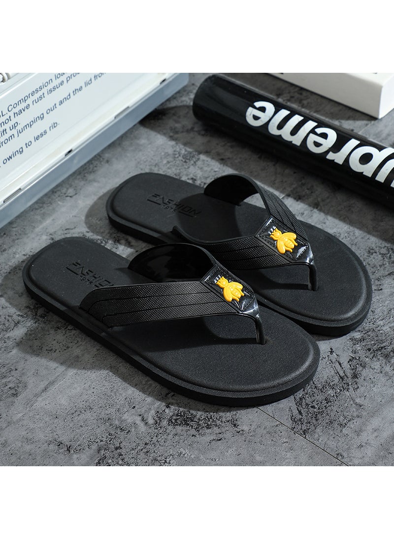 Flip-flops Mens Fashionable Summer Non-slip Mens Sandals and Slippers Korean Style Fashionable Distinctive Fashionable Slippers Outer Wear Flip-flops SandalsLittle Bee [Pure Black]] Little Bee [Pure Black]]