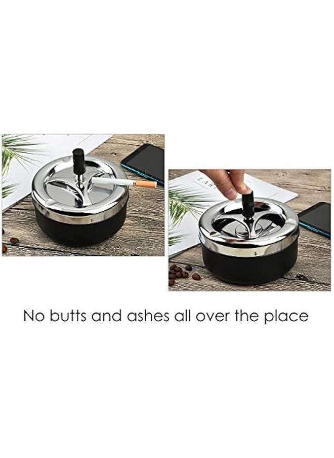 Round Push Down Ashtray with Spinning Tray Metal ette Ash Tray Large 5.2 Inches Home Ashtray for Outside Patio - Black