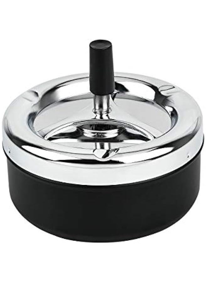 Round Push Down Ashtray with Spinning Tray Metal ette Ash Tray Large 5.2 Inches Home Ashtray for Outside Patio - Black