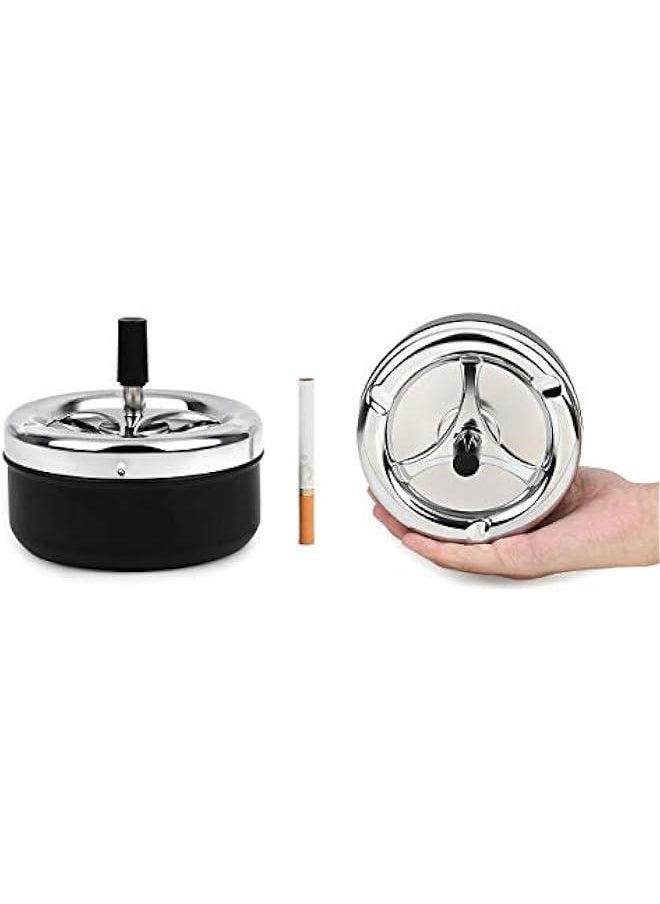 Round Push Down Ashtray with Spinning Tray Metal ette Ash Tray Large 5.2 Inches Home Ashtray for Outside Patio - Black