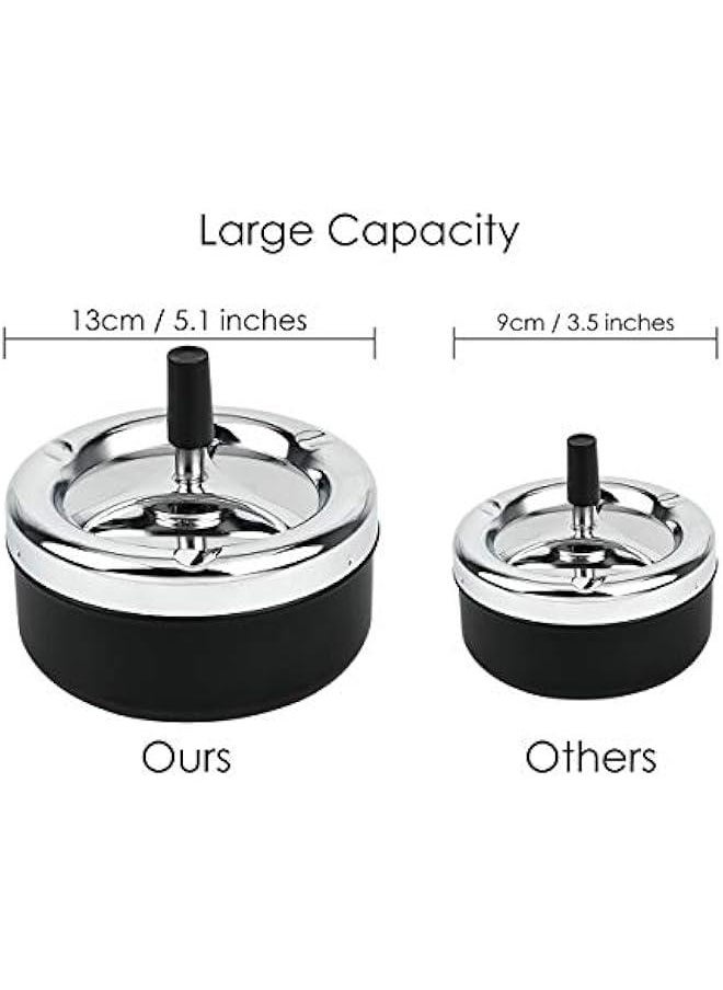 Round Push Down Ashtray with Spinning Tray Metal ette Ash Tray Large 5.2 Inches Home Ashtray for Outside Patio - Black