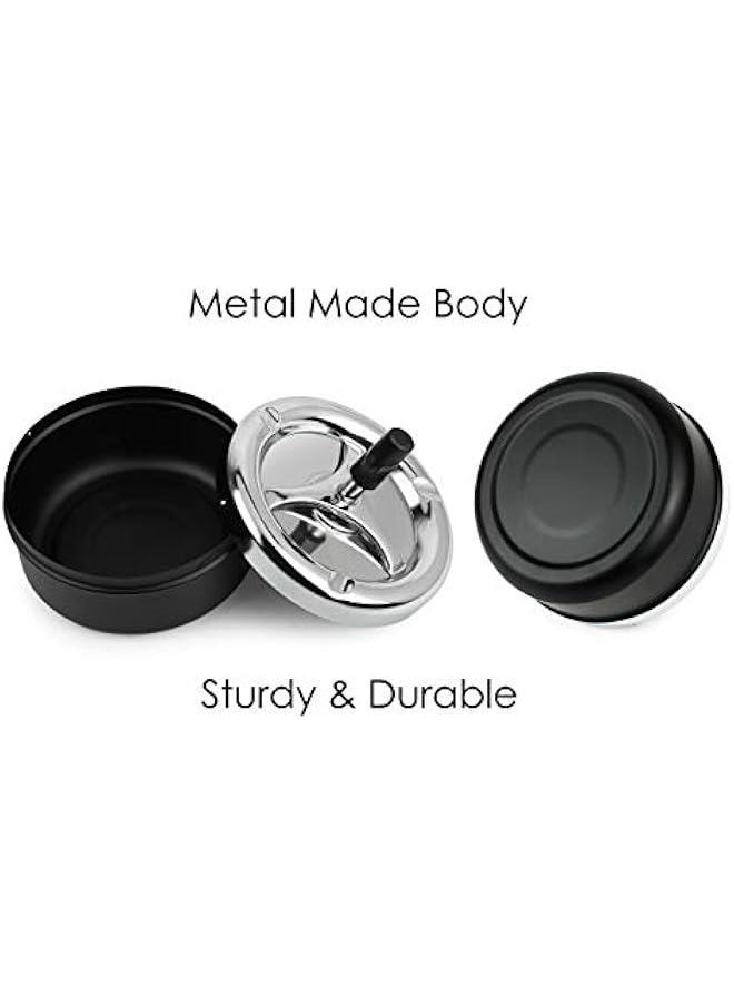 Round Push Down Ashtray with Spinning Tray Metal ette Ash Tray Large 5.2 Inches Home Ashtray for Outside Patio - Black