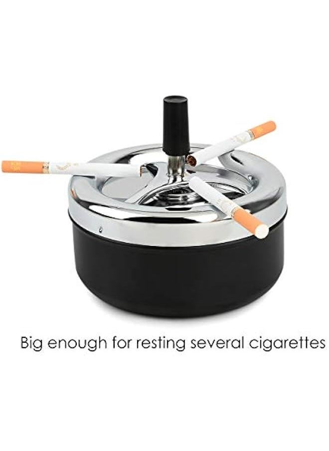 Round Push Down Ashtray with Spinning Tray Metal ette Ash Tray Large 5.2 Inches Home Ashtray for Outside Patio - Black