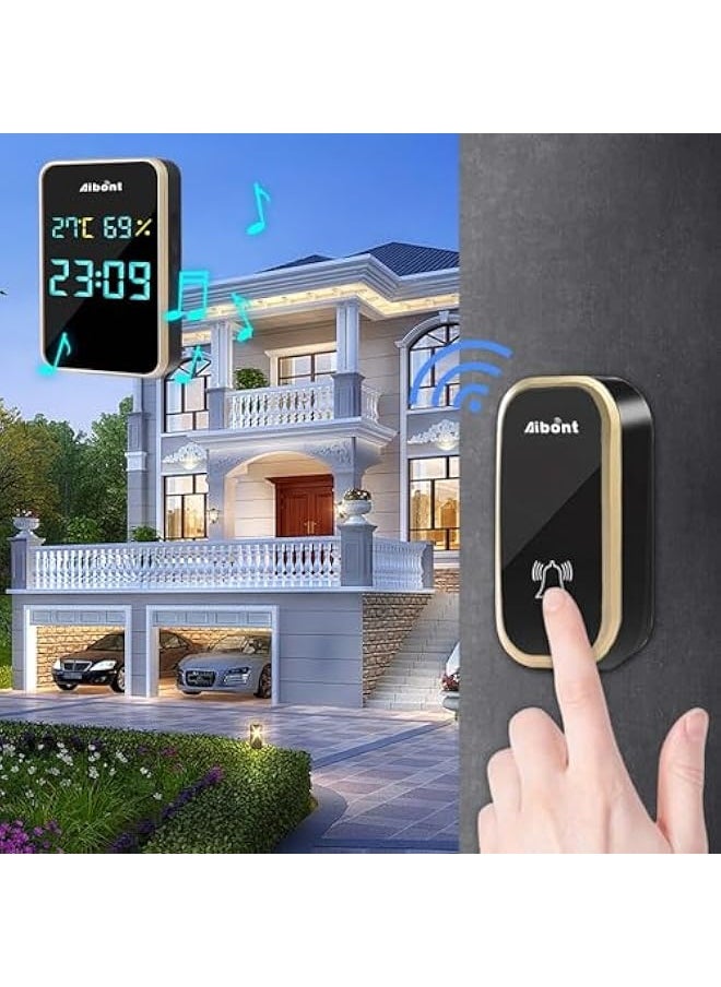 Self-generating Doorbell Clock Hygrometer Room Temperature and Humidity Wireless Doorbell Elderly Pager Visual Doorbell Electronic Device (Gold)