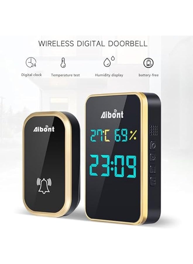 Self-generating Doorbell Clock Hygrometer Room Temperature and Humidity Wireless Doorbell Elderly Pager Visual Doorbell Electronic Device (Gold)