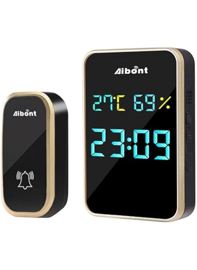 Self-generating Doorbell Clock Hygrometer Room Temperature and Humidity Wireless Doorbell Elderly Pager Visual Doorbell Electronic Device (Gold)