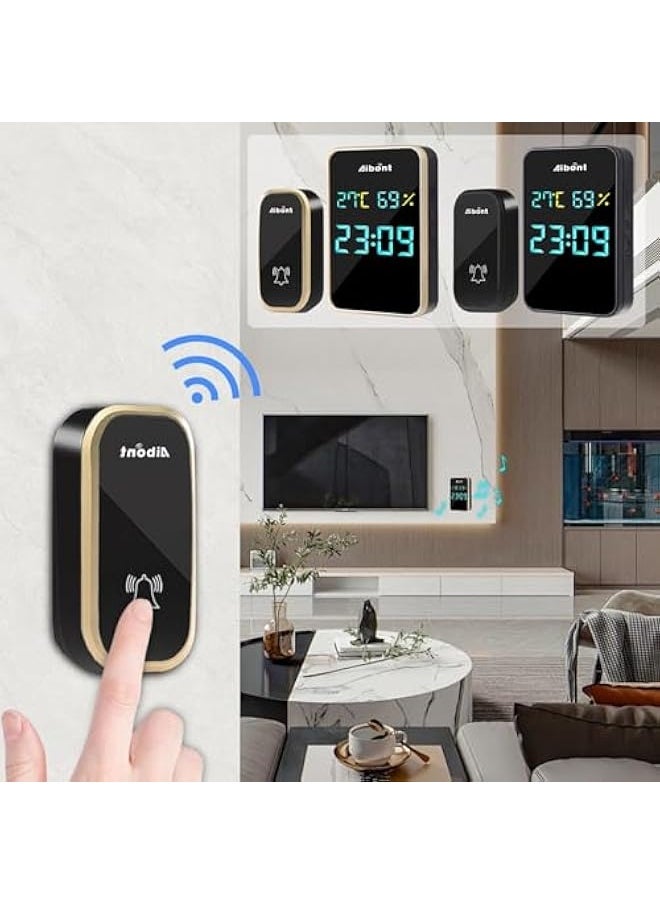 Self-generating Doorbell Clock Hygrometer Room Temperature and Humidity Wireless Doorbell Elderly Pager Visual Doorbell Electronic Device (Gold)