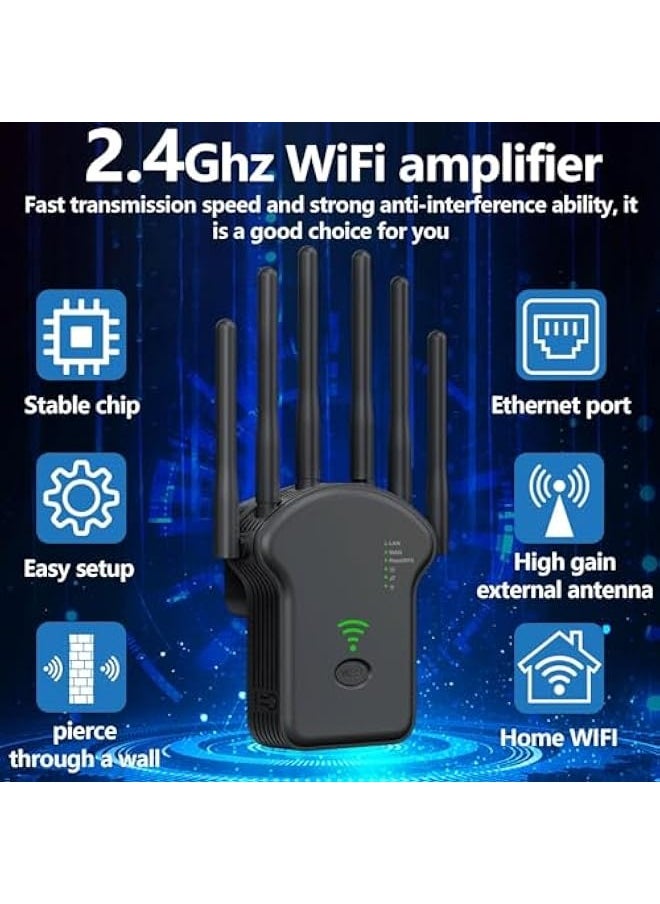 2024 WiFi Extender Signal Booster, Internet Wireless Repeater for Home Coverage up to (11800Sq.Ft), with Ethernet Port & Ap Mode,Easy Set Up WiFi Repeater. (Black)