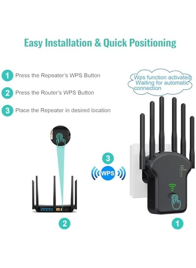 2024 WiFi Extender Signal Booster, Internet Wireless Repeater for Home Coverage up to (11800Sq.Ft), with Ethernet Port & Ap Mode,Easy Set Up WiFi Repeater. (Black)