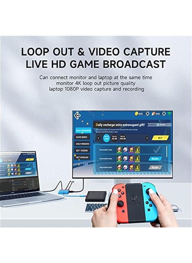 Switch Video Capture Card Portable Switch Dock for Nintendo Switch/iPhone 16 15 Pro Max Live Streaming Gaming USB 3.0 1080P 60Hz Video Recorder, Quest 3 with 4K HDMI(Blue MS2130 Chip)