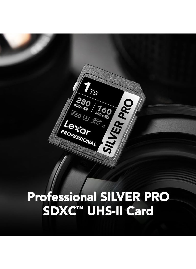 Lexar 1TB Professional Silver PRO SDXC Memory Card, UHS-II, C10, U3, V60, Full-HD & 4K Video, Up to 280MB/s Read, For Professional Photographer, Videographer, Enthusiast (LSDSIPR001T-BNNNG)