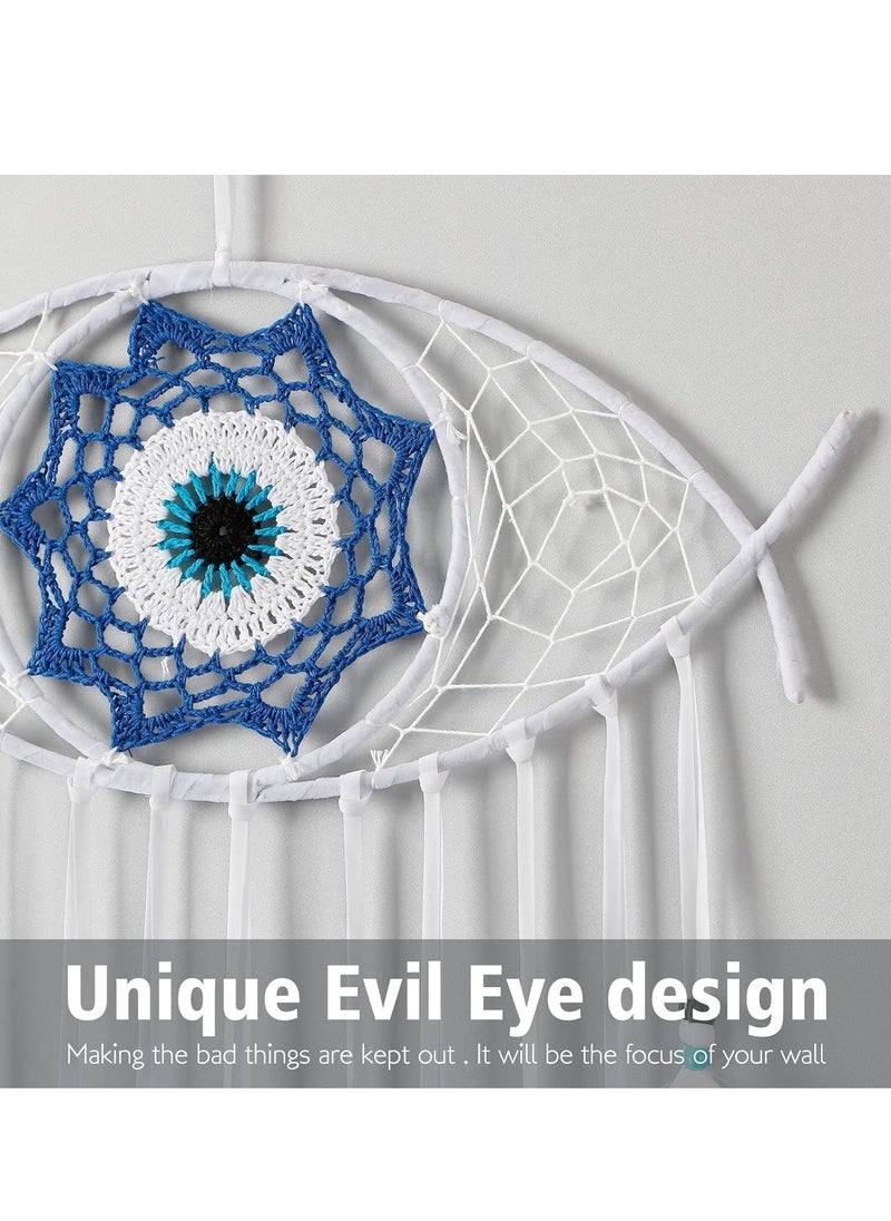 Evil Eye Dream Catcher, White Dream Catchers, Handmade Macrame Evil Eye Wall Hanging for Boho Room House Decor, Blessing Craft Gift Bring Good Luck