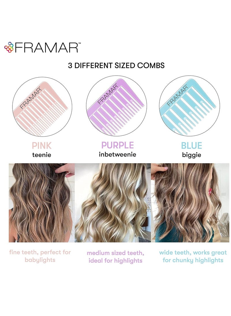 Framar Dreamweaver Highlight Comb Set – Combs for Hair Stylist, Highlighting Comb, Hair Dye Comb, Hair Highlighter Comb with Metal Pick, Balayage Comb - 3 Pack Pastel