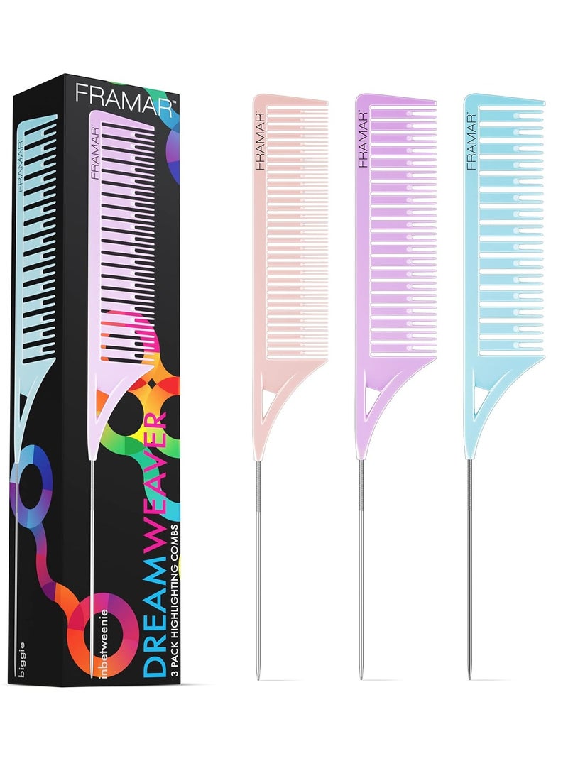 Framar Dreamweaver Highlight Comb Set – Combs for Hair Stylist, Highlighting Comb, Hair Dye Comb, Hair Highlighter Comb with Metal Pick, Balayage Comb - 3 Pack Pastel