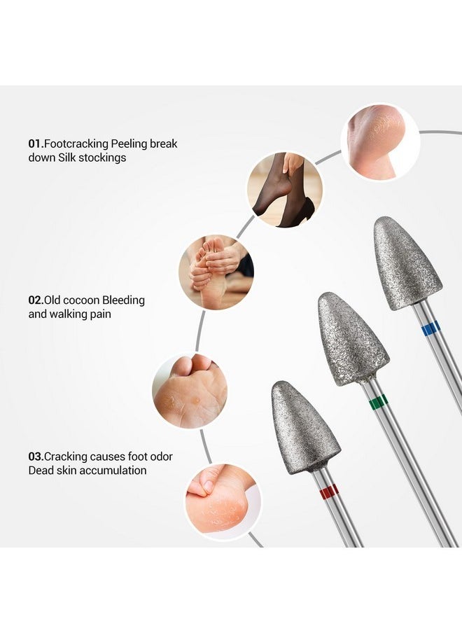 3Pcs 8Mm Diamond Pedicure Cone Drill Bits Set For Cracked Skin Corns Callus Removal, Feet Filing Nails For Manicure And Pedicure