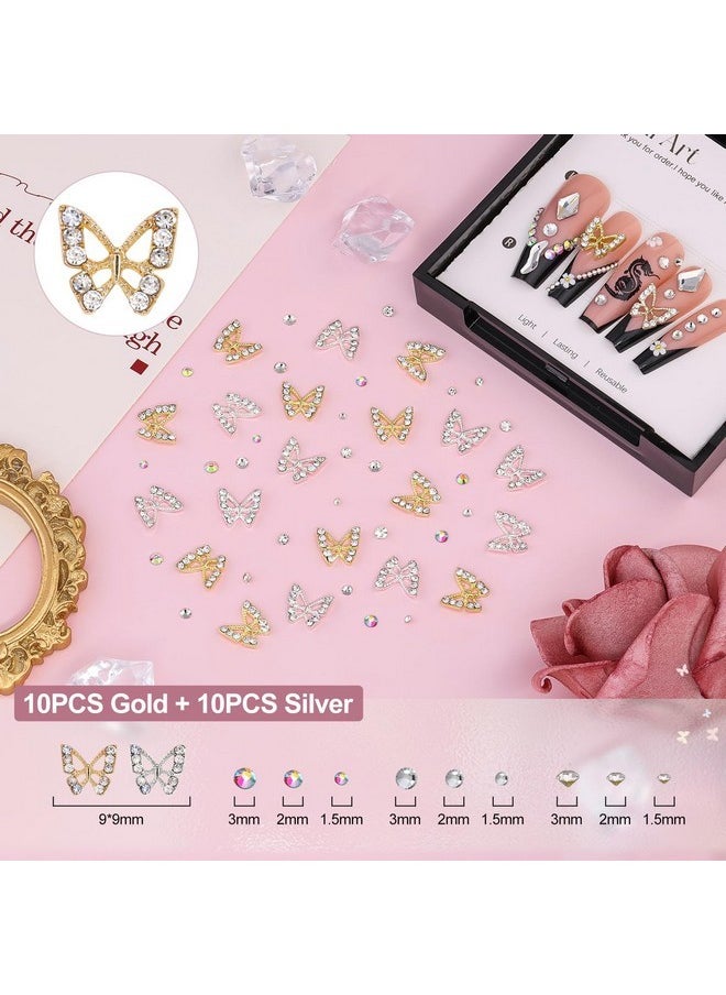 3D Nail Charms And Gems Set 7, 20Pcs Chunky Butterfly Charms + 75Pcs Coquette Nail Bows And Hearts + 3D Flowers For Nails With Rhinestones, Pearls, Diamonds And Picker Tools For Y2K Nail Decor