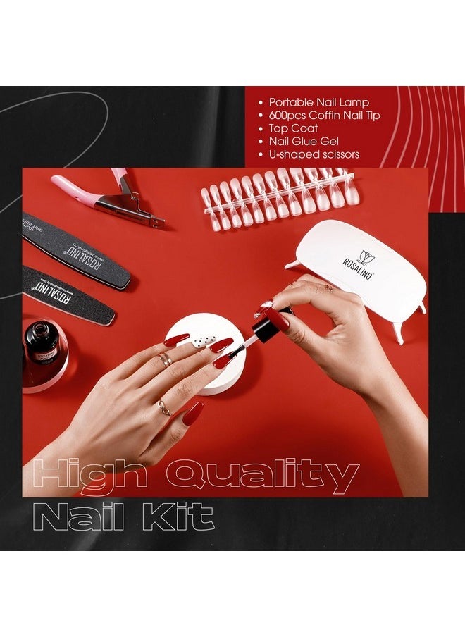 Nail Tips Kit, Half Matte Medium Coffin Fake Nail Tips With Nail Glue Gel Top Coat Led Nail Lamp Nail Buffer File Nail Clipper, 600Pcs Full Cover False Nail Tips12 Sizes Nail Extension Kit