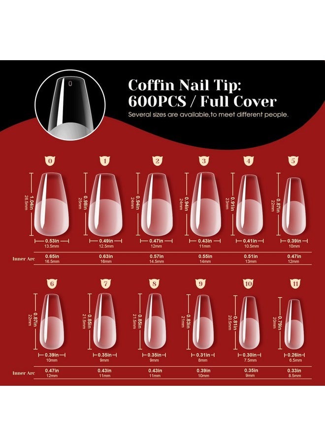 Nail Tips Kit, Half Matte Medium Coffin Fake Nail Tips With Nail Glue Gel Top Coat Led Nail Lamp Nail Buffer File Nail Clipper, 600Pcs Full Cover False Nail Tips12 Sizes Nail Extension Kit