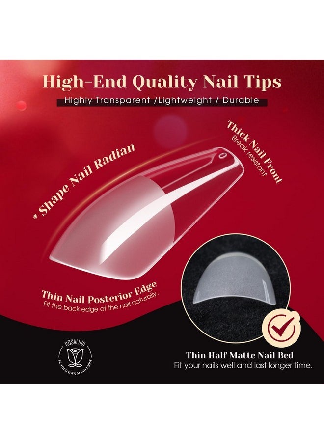 Nail Tips Kit, Half Matte Medium Coffin Fake Nail Tips With Nail Glue Gel Top Coat Led Nail Lamp Nail Buffer File Nail Clipper, 600Pcs Full Cover False Nail Tips12 Sizes Nail Extension Kit