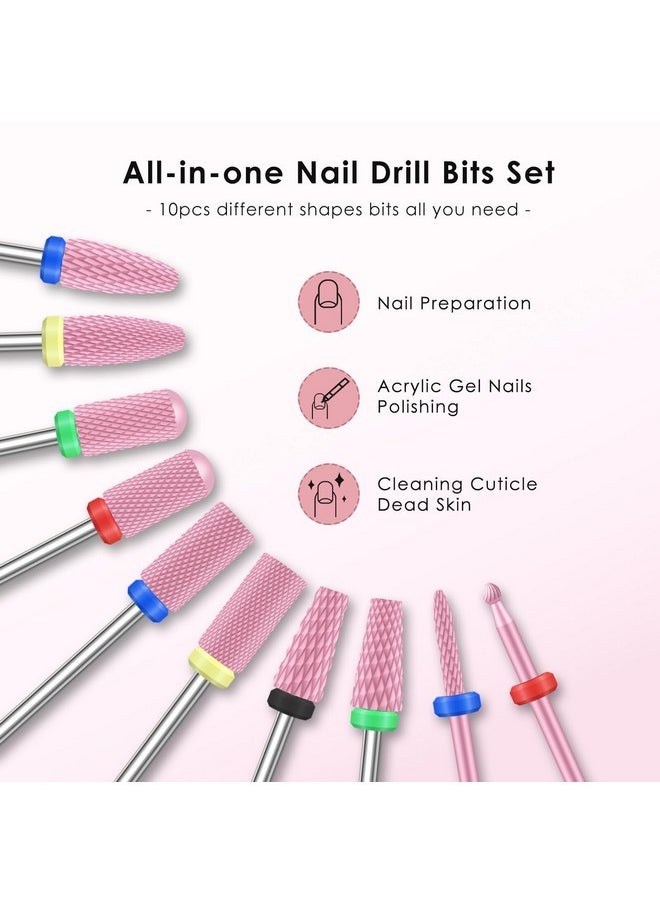 10Pcs Ceramic Nail Drill Bits, Professional 3/32 Inch Electric Manicure Pedicure Drill Bits Nail Tech Set For Acrylic Gel Nails, Efile Cuticle Remover Safety Bit For Nail Drill File, Pink