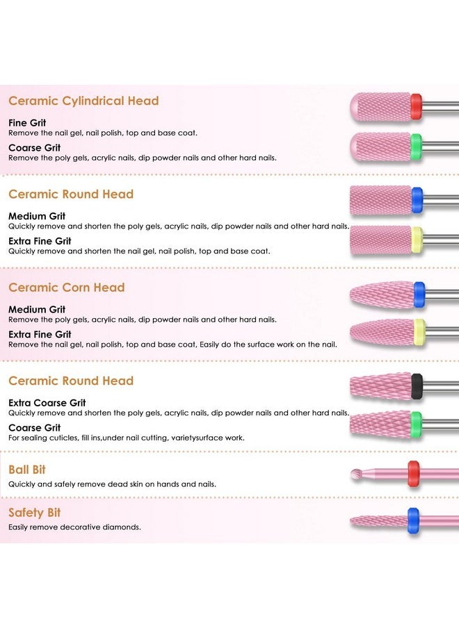 10Pcs Ceramic Nail Drill Bits, Professional 3/32 Inch Electric Manicure Pedicure Drill Bits Nail Tech Set For Acrylic Gel Nails, Efile Cuticle Remover Safety Bit For Nail Drill File, Pink