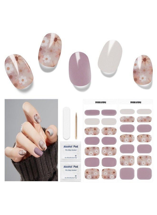 28Pcs Semi Cured Gel Nail Strips, Gel Nail Stickers Kit Work With Any Uv Nail Lamps, Long Lasting Gel Nail Wraps For Girl Women, Includes Prep Pads, Nail File & Wood Stick(Purple Flower)