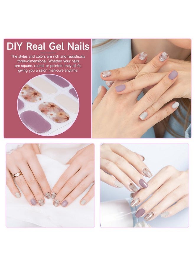 28Pcs Semi Cured Gel Nail Strips, Gel Nail Stickers Kit Work With Any Uv Nail Lamps, Long Lasting Gel Nail Wraps For Girl Women, Includes Prep Pads, Nail File & Wood Stick(Purple Flower)