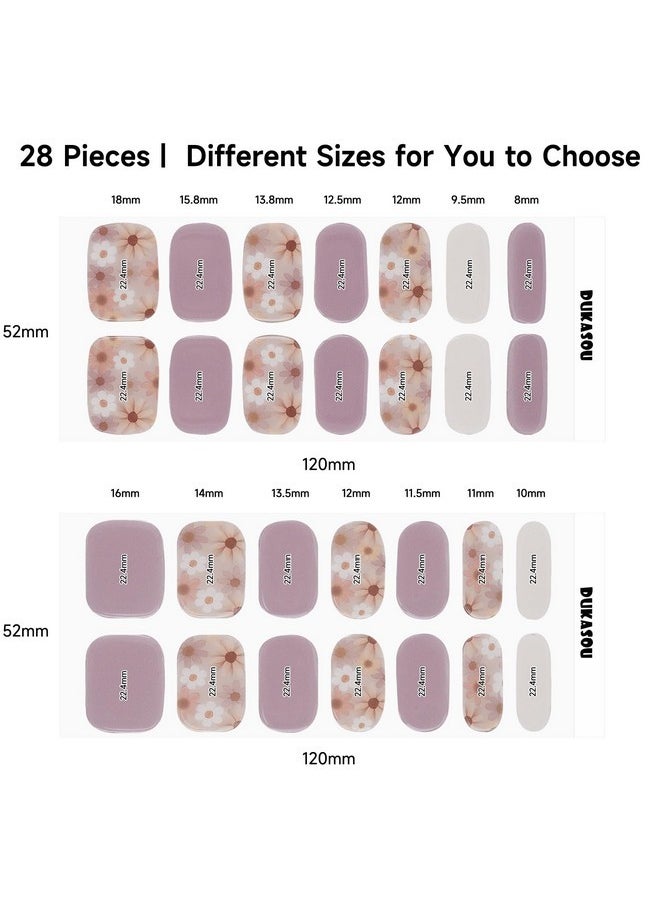 28Pcs Semi Cured Gel Nail Strips, Gel Nail Stickers Kit Work With Any Uv Nail Lamps, Long Lasting Gel Nail Wraps For Girl Women, Includes Prep Pads, Nail File & Wood Stick(Purple Flower)