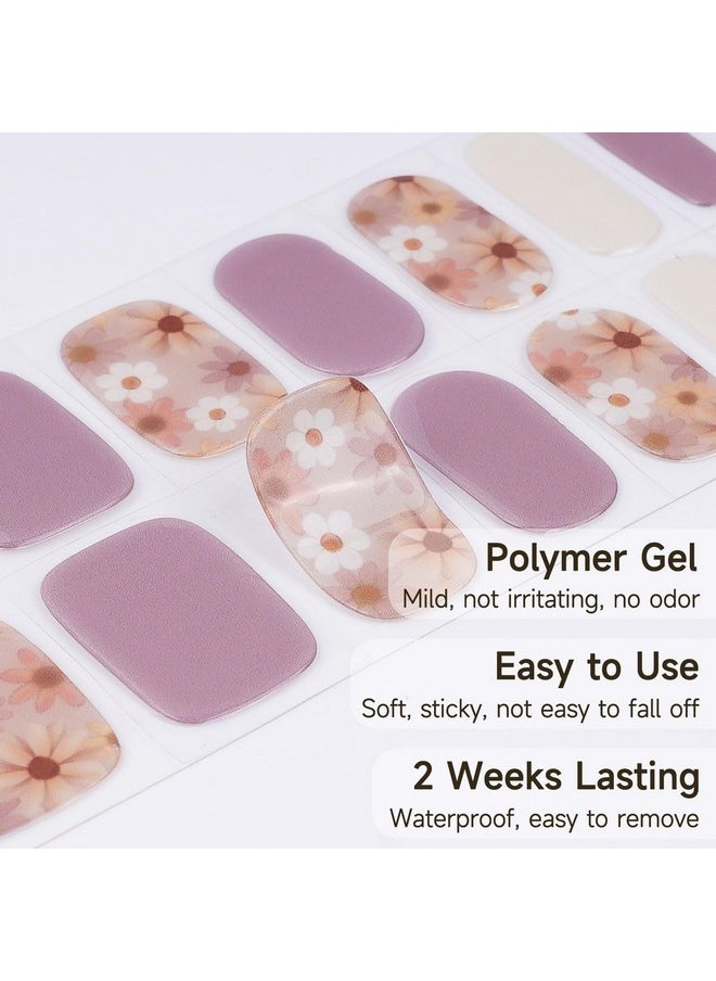28Pcs Semi Cured Gel Nail Strips, Gel Nail Stickers Kit Work With Any Uv Nail Lamps, Long Lasting Gel Nail Wraps For Girl Women, Includes Prep Pads, Nail File & Wood Stick(Purple Flower)